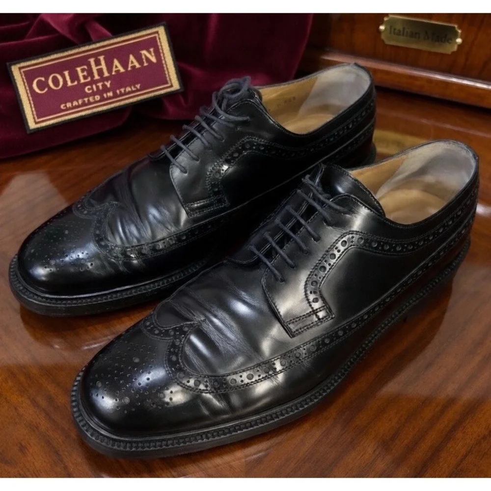 Cole Haan Crafted in Italy Wingtip Oxford Shoes Men 11 Black Leather Vibram Sole